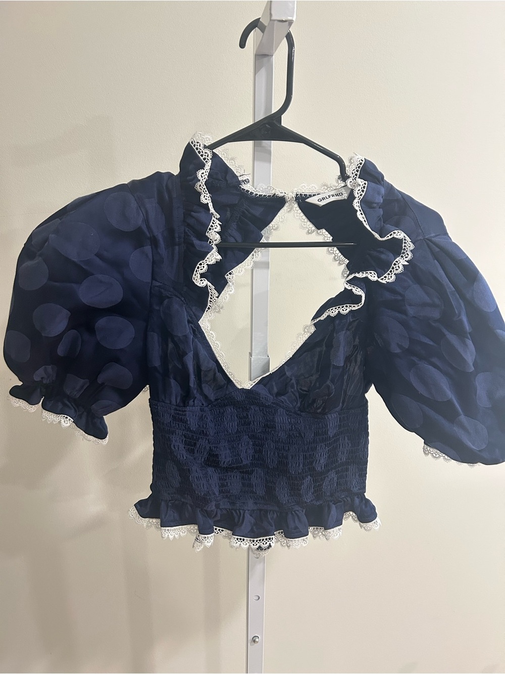 GRLFRND Navy Polka Puff Sleeve Crop Top with White Lace Trim